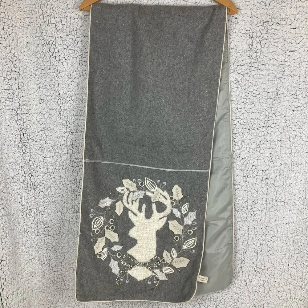 Ridgefield Table Runner Holiday Grey Elk Deer Wreath Applique Wool Blend Beads